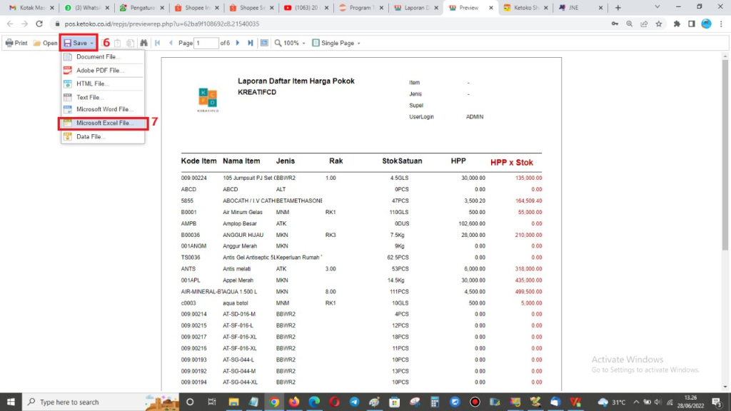Export file Master Data Item ke Excel 