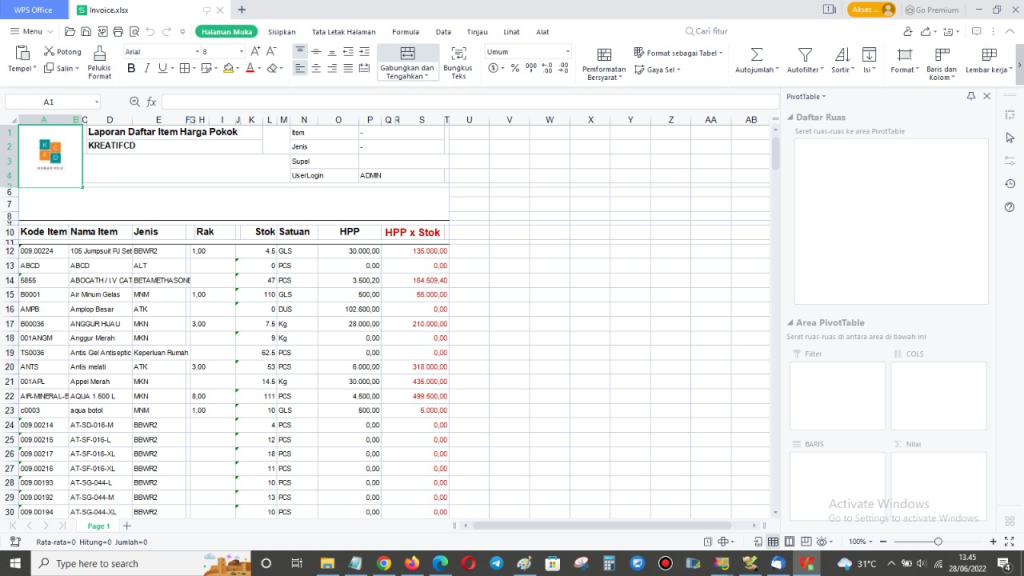 hasil File Master Data Item yang sudah di Export ke Excel