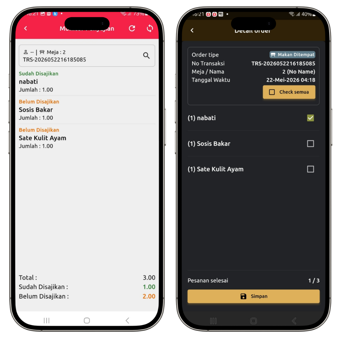 Tampilan detail order pada kasir dan dapur
