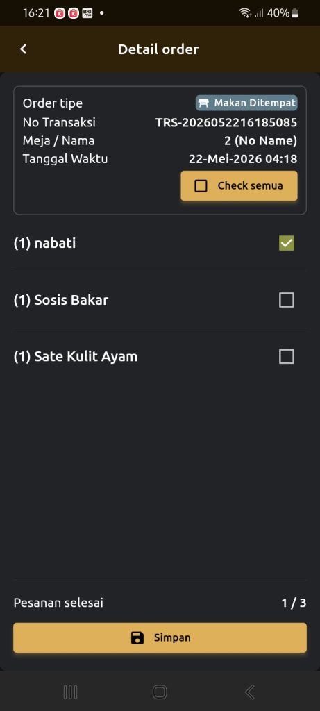 Tampilan detail order pada dapur